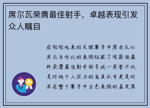 席尔瓦荣膺最佳射手，卓越表现引发众人瞩目
